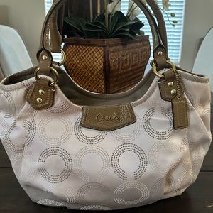 Coach Ashley dotted Tote, Cream with tan trim.